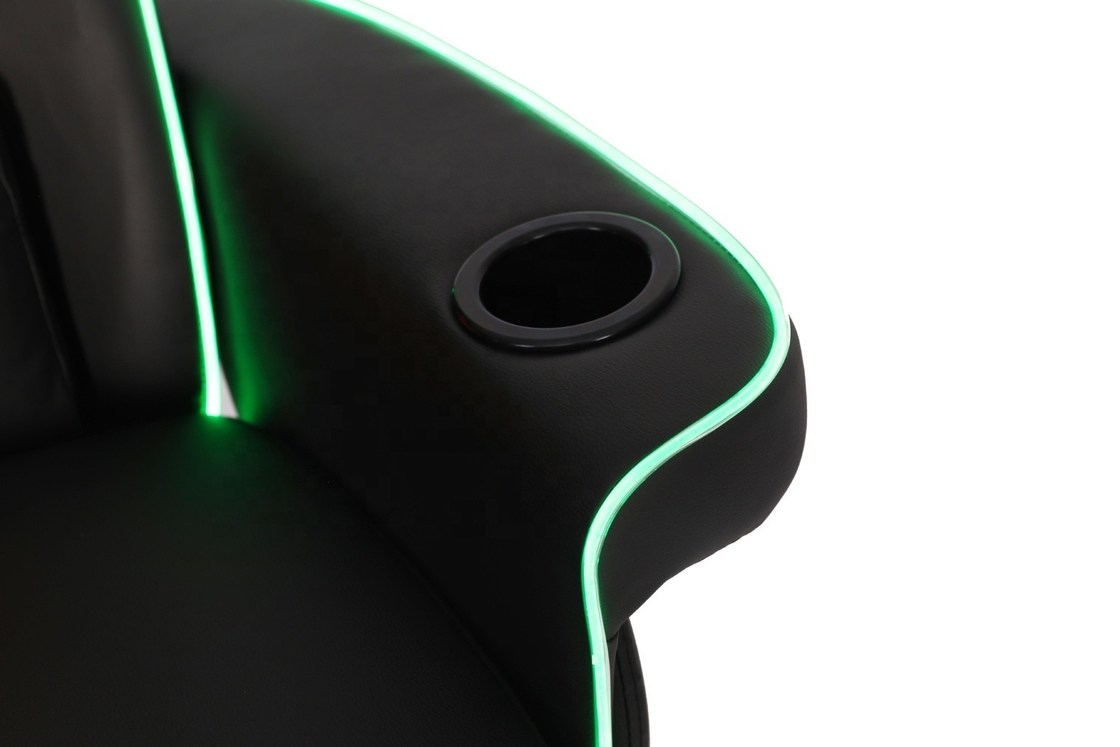 कप होल्डर, एलईडी लाइटिंग और फुटरेस्ट के साथ लक्जरी ब्लैक/ब्लू रेसिंग स्टाइल गेमिंग सोफा